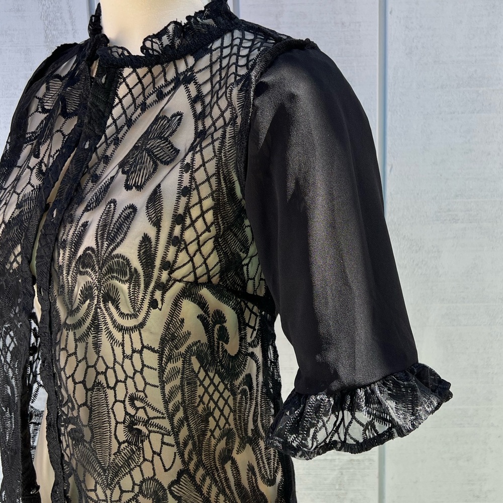 Story On Lace Sheer Balloon Sleeve Blouse Top Short Sleeve Black - Picture 10 of 12